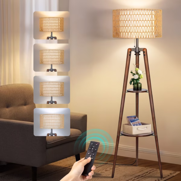 OUTON Boho Rattan Tripod Floor Lamp with Shelves, Dimmable Standing Lamp with Remote Control,Wood Tall Floor Lamps for Living Room Bedroom Office Farmhouse (Bulb Included)