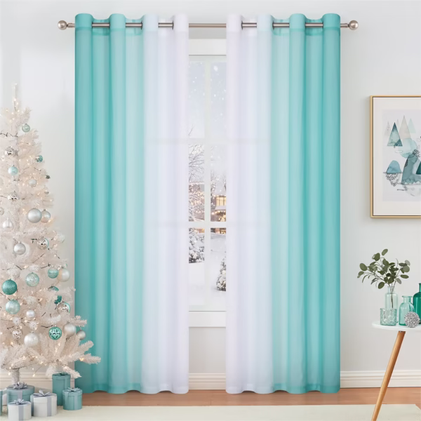 Junvictex Teal Ombre Crushed Chiffon Sheer Curtains 52"Wx84"L for Bedroom Living Room Decor, Set of 2 Crinkle Curtain Panels,Grommet
